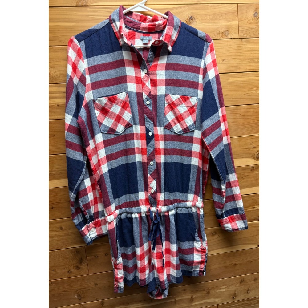 Aerie Womens Red White Blue Plaid Flannel Long Sleeve Button‎ Down Romper Medium